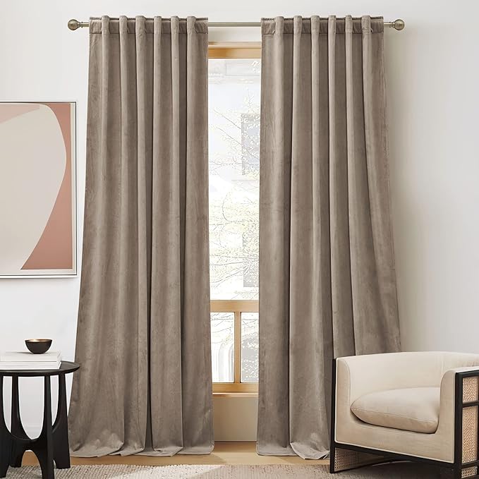 RYB Home Taupe Bedroom Curtains Heavy Velvet 84 inches, Room Darkening Privacy Window Curtains Soft Durable Velvet Backdrops for Sliding Door Living Room, W52 x L84, 2 Panels Set