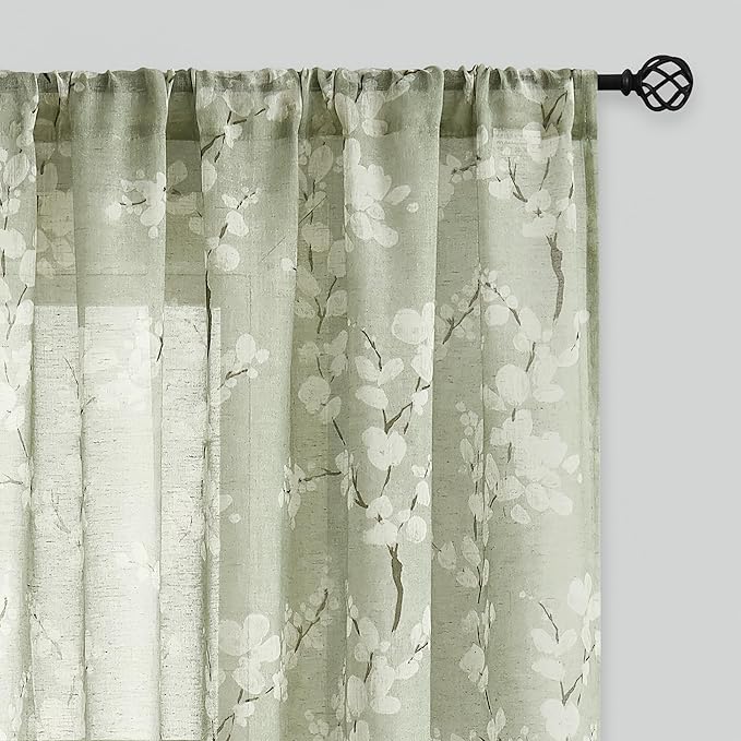 FMFUNCTEX Linen Sheer Curtains for Bedroom, Sage Green Blossom Print Curtains 84 Inches Long for Living Room,Floral Patterned Farmhouse Curtain Light Filtering Window Drapes 2 Panels, Rod Pocket