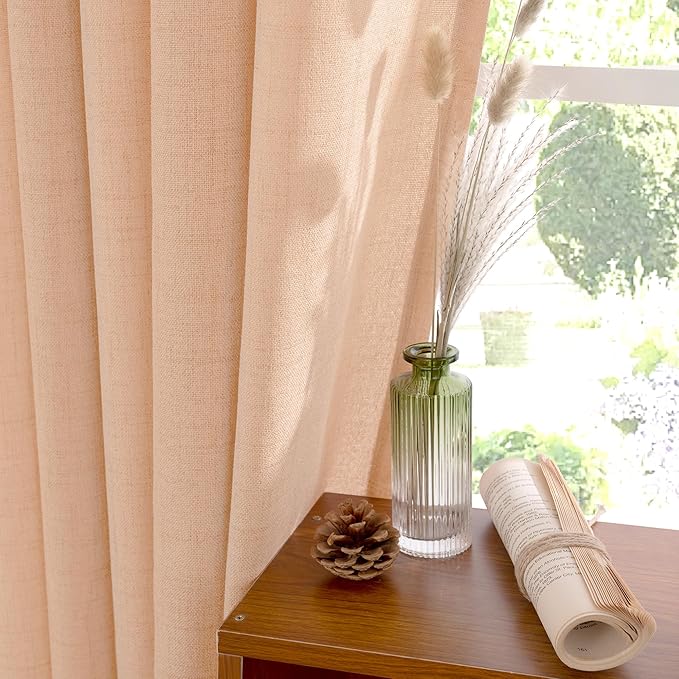 YoungsTex Peach Linen Curtains 45 Inches Long for Short Window, Semi Sheer Textured Drapes with Bronze Grommet Privacy Light Filtering for Kitchen Bedroom, 42 x 45 Inch, 2 Panels