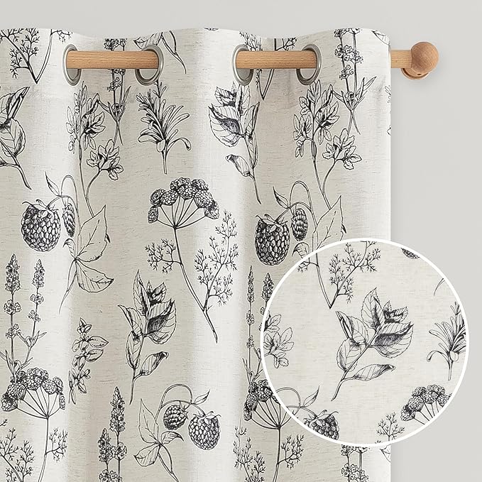 FMFUNCTEX Linen Curtains Floral Patterned Curtain for Bedroom Living Room, Black Curtains 63 Inch Length Farmhouse, Light Filtering Beige Window Curtain Grommet Top 2 Panels Set