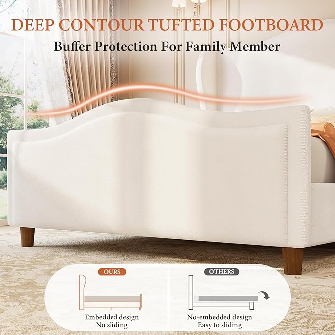 koorlian Queen Bed Frame Chenille Fully Upholstered Bed with Headboard and Footboard, 51" High Deep Tufted Wingback Sleigh Upholstered Platform Bed, Modern Retro Minimalist Style, Easy Assembly, Cream
