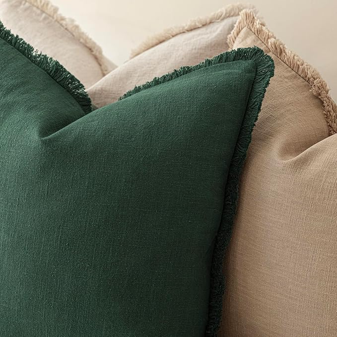 Foindtower Set of 2 Decorative Linen Fringe Throw Pillow Covers Cozy Boho Farmhouse Cushion Cover with Tassels Soft Accent Pillowcase for Couch Sofa Bed Living Room Home Decor, 18×18 Inch, Pine Green