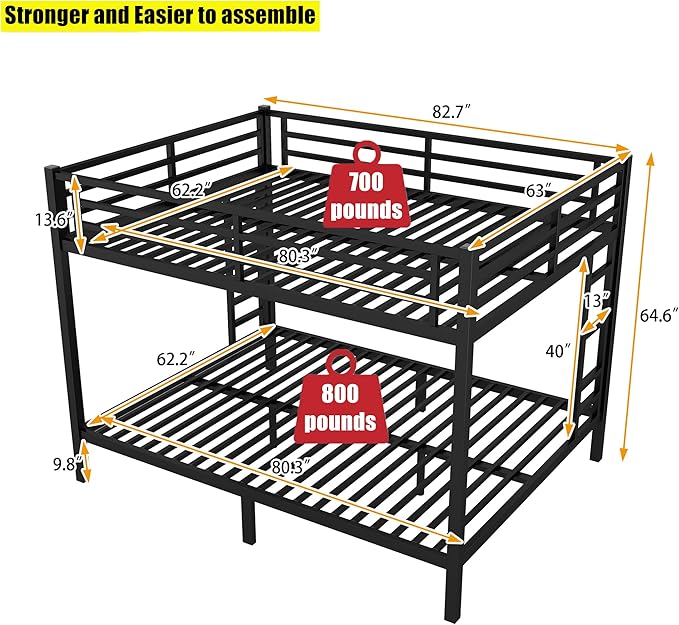 Higher Quality & Stronger Heavy Duty Metal Bunk Bed Frame Queen Over Queen Size for Adults Teens, Thickened More Stable Steel Bunkbed (Queen Over Queen-A)