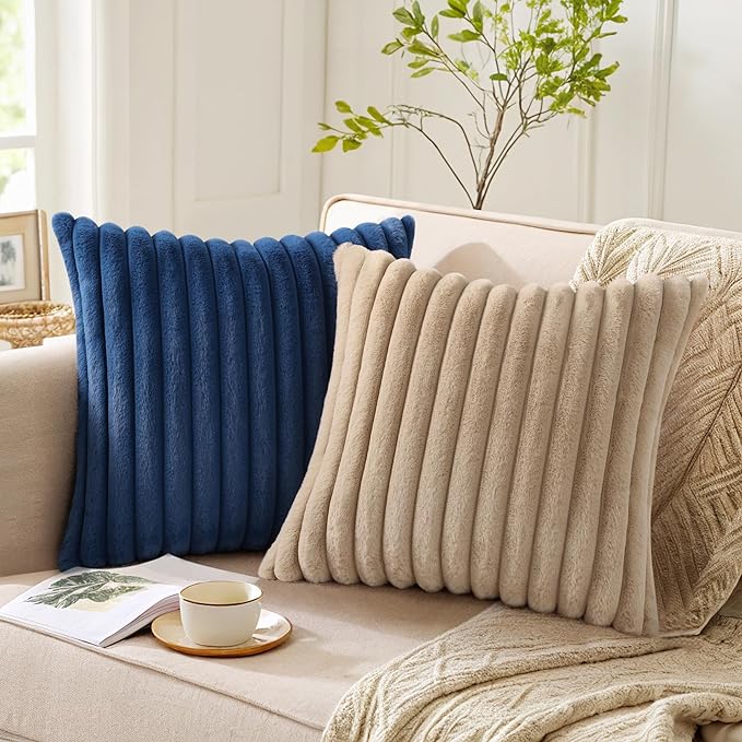 Pallene Faux Fur Plush Throw Pillow Covers 16x16 Set of 2, Luxury Soft Fluffy Striped Decorative Pillow Covers for Sofa, Couch, Living Room, Khaki