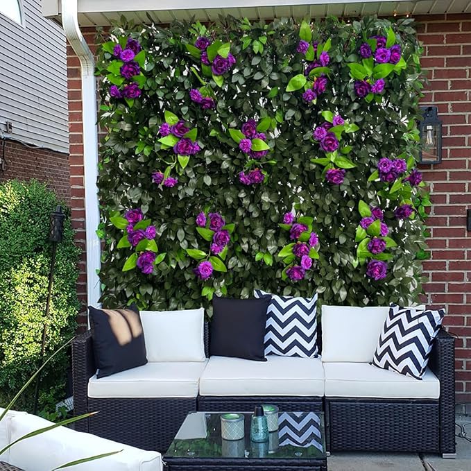 Sumery Expandable Fence Privacy Screen for Balcony Patio Outdoor,Decorative Faux Ivy Fencing Panel,Artificial Hedges (Single Sided Leaves) (1, Branches -Purple Rose)