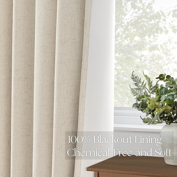 Topfinel Beige Curtains 96 Inch Long, Cream Pinch Pleated 100% Blackout Thermal Insulated Natural Linen Pinch Pleat Viral Drapes with Hooks Rings 2 Panel Sets, Burlap Flax 8FT Back Tab Curtains