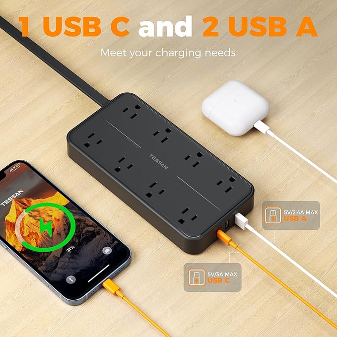 2000J Surge Protector Power Strip, TESSAN 5 FT Extension Cord with Multiple Outlets Flat Plug, 3 USB (1 USB C) and 8 AC Outlets, Wall Mount USB Charging Station for Home Office Supplies, Black