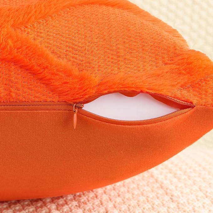decorUhome Spring Throw Pillow Covers 16x16 Inch Set of 2, Soft Plush Faux Fur Wool Orange Couch Pillow Covers, Decorative Neutral Pillow Cases for Bed Sofa Living Room Home Decor