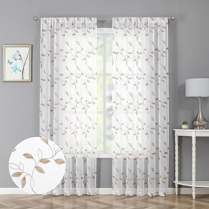 Tollpiz Taupe Leaf Sheer Curtain Leaves Embroidered Bedroom Curtains Rod Pocket Voile Window Treatment for Living Room, 54 x 95 inches Long, Set of 2 Panels