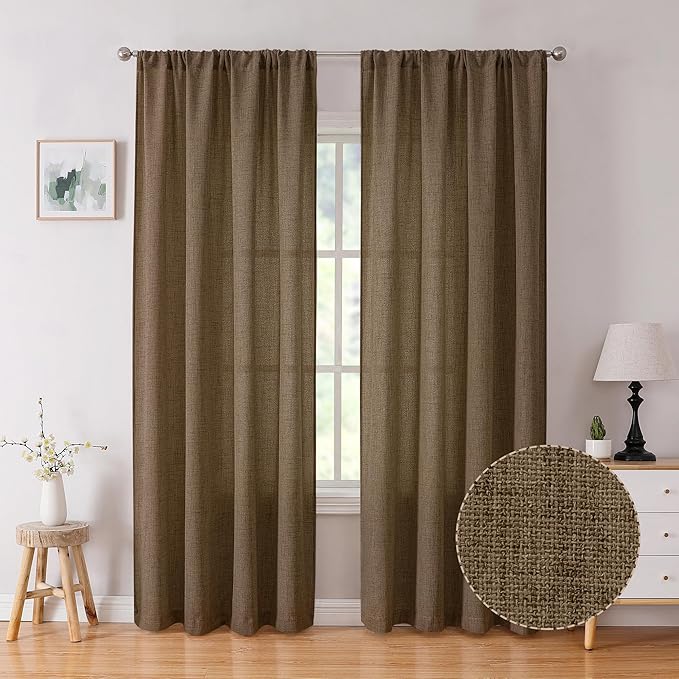 Tollpiz Linen Curtain Bedroom Rod Pocket Semi Sheer Curtains Burlap Light Filtering Thick Linen Drape for Living Room, 38 x 84 inches Long, Brown, Set of 2 Panels