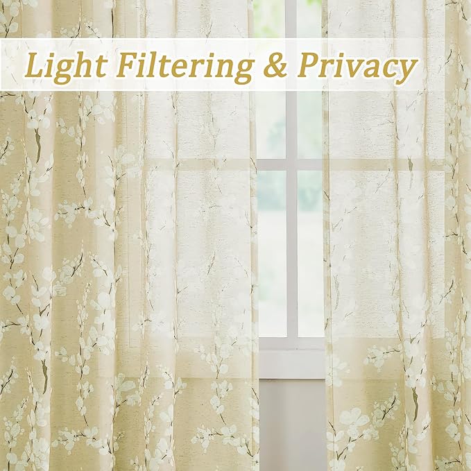 FMFUNCTEX Linen Sheer Curtains for Living Room, Cream Blossom Floral Print Curtains 63 Inch Length for Bedroom, Light Filtering Linen Blend Butter Yellow Floral Window Curtain 2 Panels Rod Pocket