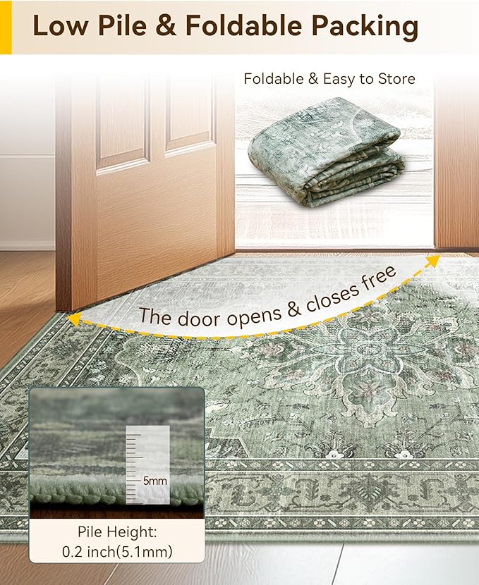 Area Rugs 2'x4' Washable Non-Slip, Floral Vintage Distress Print Pattern Medallion Carpet for Living Room Bedroom Dining Room, Dark Green Gray
