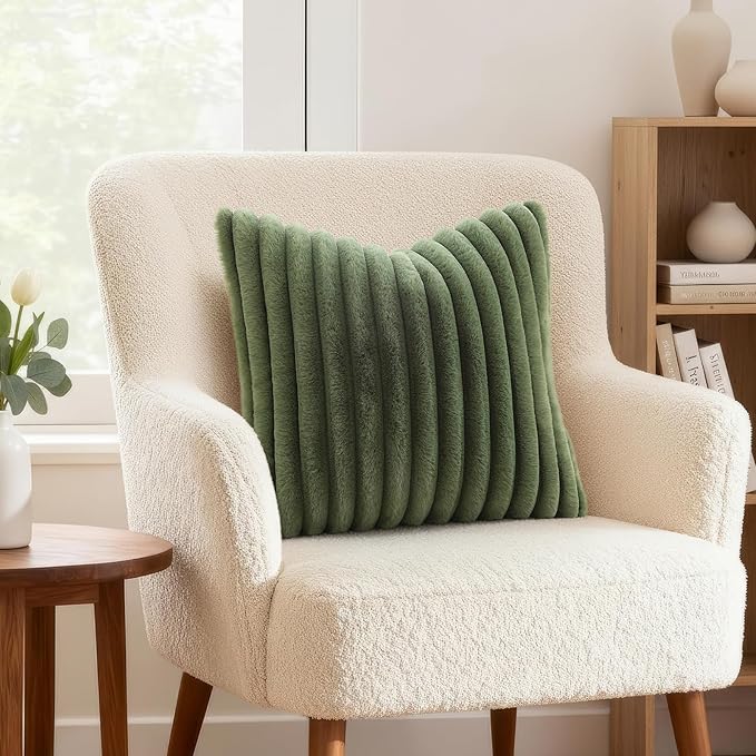 decorUhome Faux Fur Throw Pillow Covers 16x16 Set of 2, Decorative Soft Plush Striped Neutral Couch Euro Pillow Covers with Velvet Back for Sofa, Bed, Living Room Home Decor, Olive Green