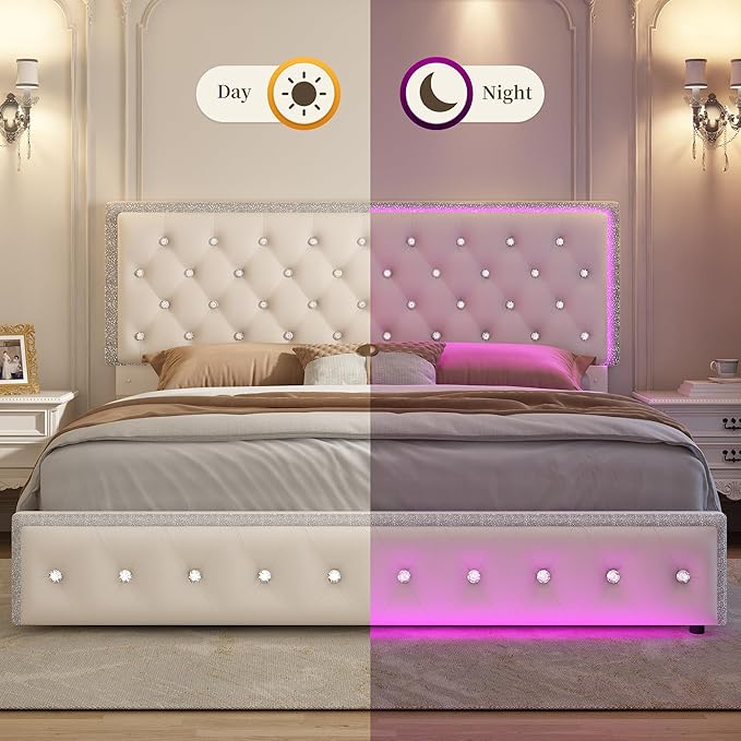 Queen LED Bed Frame with 2 Drawers, Storage Platform Beds with Upholstered Crystal Button Tufted Headboard Footboard, 2 Side Pockets, No Box Spring Needed, Velvet Cream