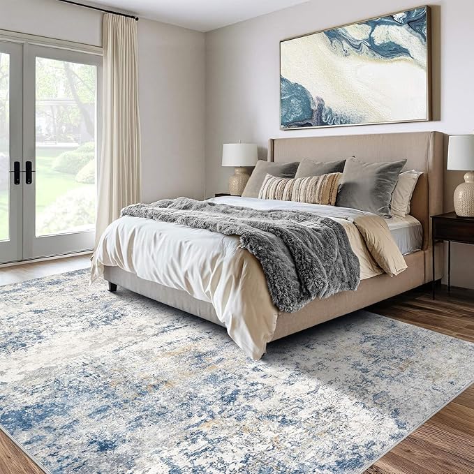 Area Rug Living Room Rugs - 10x13 Abstract Large Soft Indoor Washable Rug Neutral Modern Low Pile Carpet for Bedroom Dining Room Farmhouse Home Office - Blue