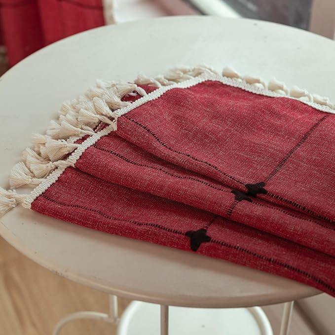 Sutuo Home Boho Curtain for Bedroom 84 Inch Length, Linen Light Filtering Country Farmhouse Vintage Chic Tassels Window Treatment Bohemian Drape for Xmas Decor 1 Panel 52" W x 84" L, Red Plaids