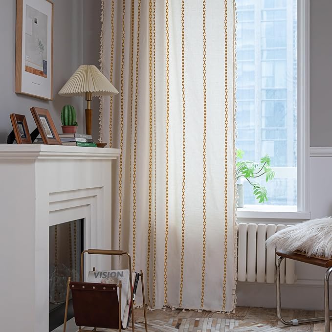Sutuo Home Boho Curtains for Bedroom Dining Room Kitchen, Semi Blackout Farmhouse Vintage Chic Tassels Window Treatment Bohemian Embroidery Drape, Rod Pocket 1 Panel 52" W x 63" L, White and Gold