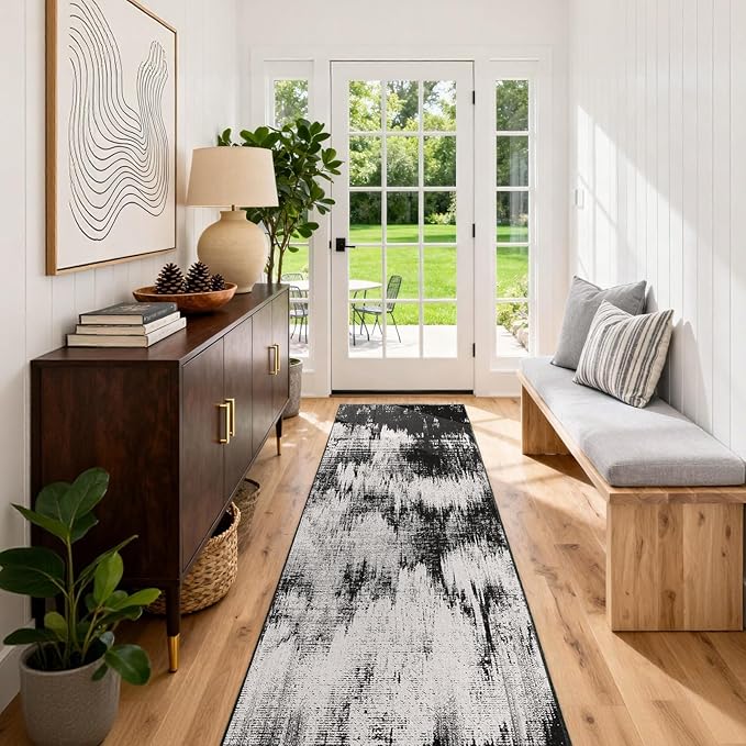 2x3 Washable Area Rug for Entryway：Soft Traditional Printed Area Rug Non-Slip Kitchen Rugs Low-Pile Medallion Indoor Door Mat Small Farmhouse Carpet for Entrance Foyer Bedside Black White 2x3