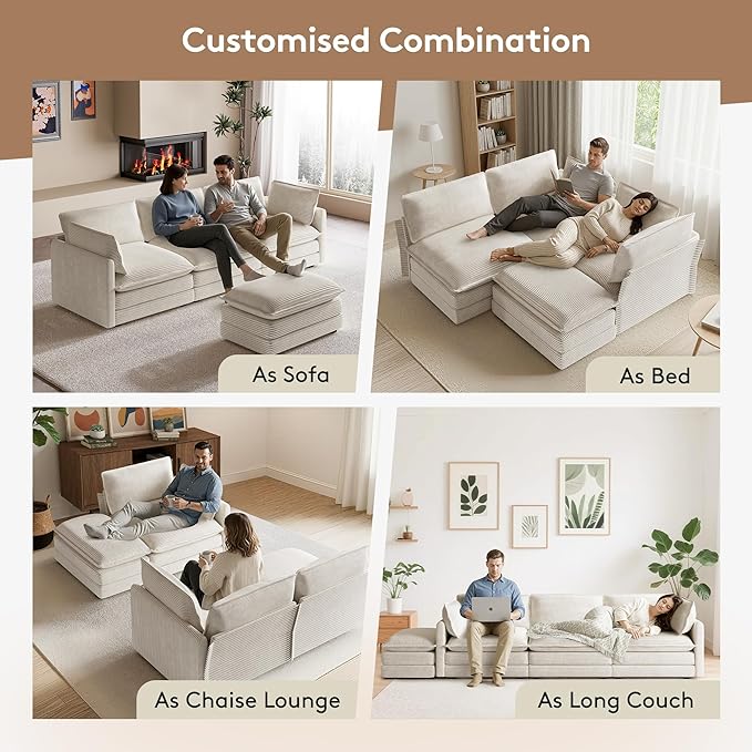 ROWHY 104'' Modular Sectional Cloud Couch with Movable Ottoman, 4 Seat Modern Corduroy Sofa, Deep Seat L Shaped Couch for Living Room Bedroom Apartment, Beige