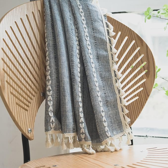 Sutuo Home Blue Boho Curtains Living Room, Semi-Blackout French Country Linen Drape for Bedroom, 1 Panel Embroidered Farmhouse Window Treatment for Dining Room Nursery Kitchen, 52" W x 72" L