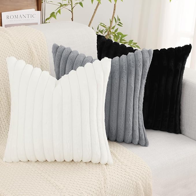 decorUhome Faux Fur Spring Throw Pillow Covers 26x26 Set of 2, Decorative Soft Plush Striped Neutral Couch Euro Sham Pillow Covers with Velvet Back for Sofa, Bed, Living Room Home, Black