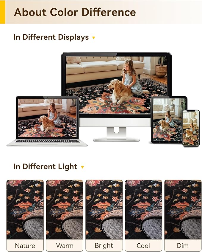 Area Rugs 10'x12' Washable Non-Slip, Floral Vintage Distress Print Pattern Medallion Carpet for Living Room Bedroom Dining Room, Black Colorful Floral Dark Tan