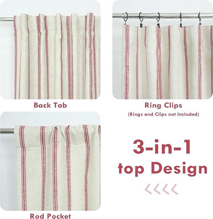 DriftAway Farmhouse Vertical Striped Linen Blend Textured Light Filtering Semi Sheer Curtains for Living Room Bedroom 54 Inches Long Drapes 2 Panels Linen Red