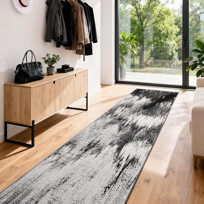 Machine Washable Runner Rug 2x6: Non Slip Hallway Rug Low Pile Kitchen Runner Soft Abstract Rug with Rubber Backing for Entryway Bedroom Bathroom Farmhouse Laundry Living Room Black White 2x6