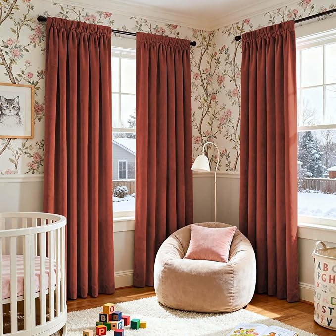 Lazzzy Velvet Blackout Curtains Thermal Insulated Room Window Drapes Super Soft Luxury Curtains for Living Room Bedroom Rod Pocket 2 Panels, Rust Red, 52" W x 84" L