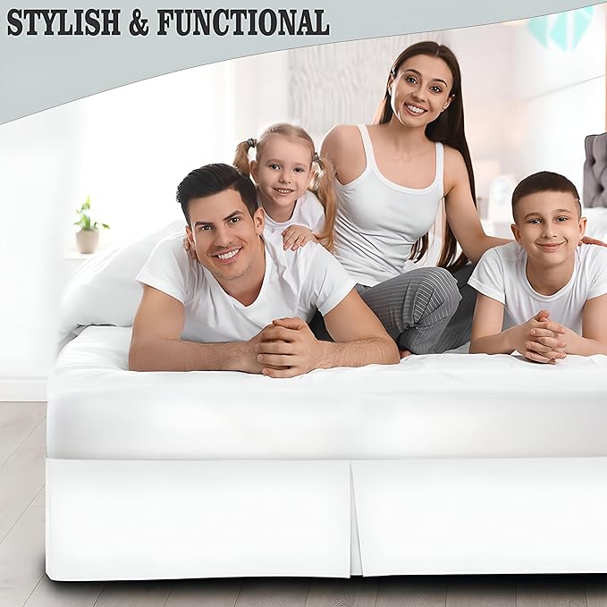 Pleated Bed Skirt King Size, 18" Drop with Platform Design for Secure Fit, Split Corners, Wrinkle-Resistant Microfiber for Modern Stylish Look, Tailored Bedding for Hotel Luxury - White