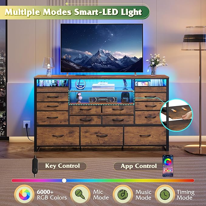 WLIVE TV Stand for 55, 60, 65 inch TV, Entertainment Center with LED Lights & Charging Station, TV Media Console Table with 15 Fabric Drawers and Open Shelves for Living Room, Hallway, Rustic Brown