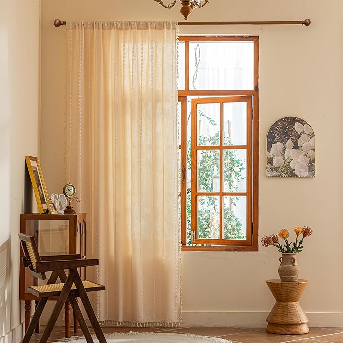 Sutuo Home Boho Curtains for Bedroom Dining Room Kitchen, Light Filtering Linen Farmhouse Shabby Chic Tassels Window Treatment Bohemian Embroidery Drape, Rod Pocket 1 Panel 52" W x 63" L Champagne