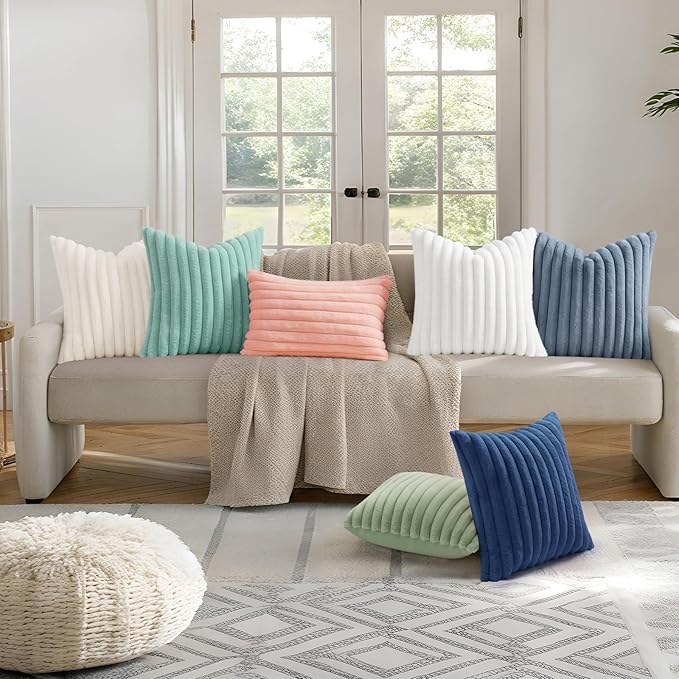decorUhome Faux Fur Spring Throw Pillow Covers 22x22 Set of 2, Decorative Soft Plush Striped Neutral Couch Euro Sham Pillow Covers with Velvet Back for Sofa, Bed, Living Room Home, Aqua