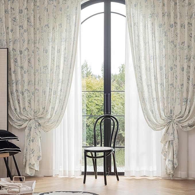 FMFUNCTEX Linen Curtains Floral Patterned Curtain for Bedroom Living Room, Blue Curtains 84 Inches Long Farmhouse, Light Filtering Beige Window Curtain Grommet Top 2 Panels Set