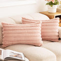 Double-Sided Faux Fur Plush Throw Pillow Covers 12x20 Set of 2 Fuzzy Striped Soft Cozy Pillowcase Luxury Decorative Pillows Rectangle Shaggy Cushion Covers for Couch Sofa Bed,Pink