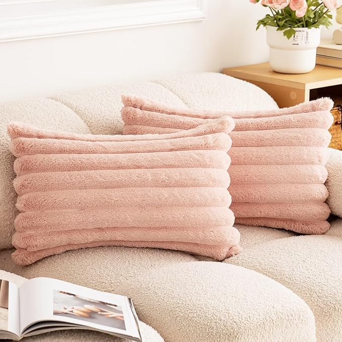 Double-Sided Faux Fur Plush Throw Pillow Covers 12x20 Set of 2 Fuzzy Striped Soft Cozy Pillowcase Luxury Decorative Pillows Rectangle Shaggy Cushion Covers for Couch Sofa Bed,Pink
