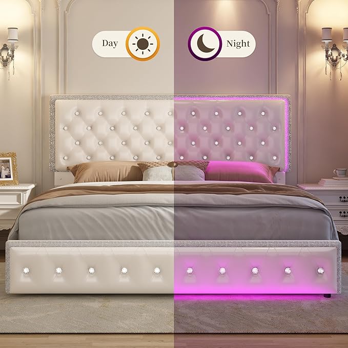 Full Led Bed Frame with 2 Drawers, Storage Platform Bed with Upholstered Crystal Button Tufted Headboard Footboard, 2 Side Pockets, No Box Spring Needed, PU White