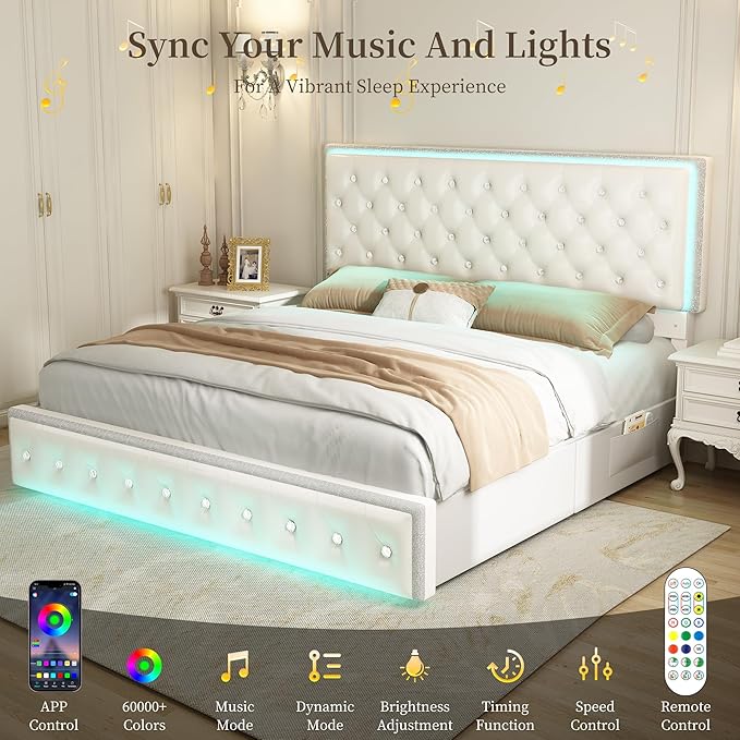 Full Led Bed Frame with 2 Drawers, Storage Platform Bed with Upholstered Crystal Button Tufted Headboard Footboard, 2 Side Pockets, No Box Spring Needed, PU White