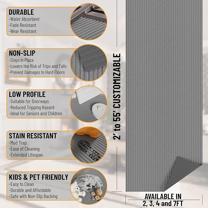 Ottomanson 2' x 40' Hallway Runner with Scraper Pile Extra Durable Non-Slip Rug Mat for Indoor & Outdoor Use - Ideal for Kitchen, Entryway, Patio & Garage - High-Traffic Carpet, Gray
