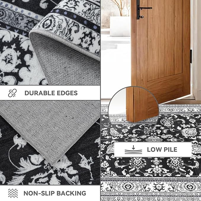 3x12 Machine Washable Floral Rugs: Long Runner Rugs for Hallways Non Slip Waterproof Carpet Runner Soft Vintage Low Pile Floral Rug for Kitchen Bedroom Bathroom Dining Living Room Black White