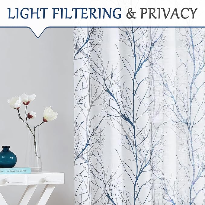 FMFUNCTEX Linen Semi Sheer Curtains for Bedroom, Blue White Curtains 120 Inches Long for Living Room, Grey Tree Branch Patterned Curtain Light Filtering Extra Long Window Drapes, Grommet Top 2 Panels