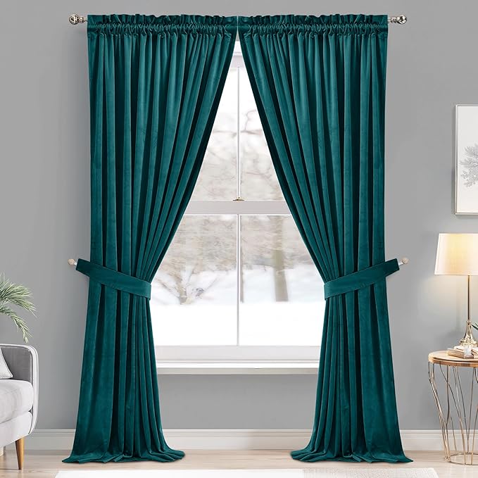 StangH Teal Velvet Blackout Curtain Panels Vintage Style Privacy Farmhouse Curtains Thermal Insulated Curtains for Sliding Glass Door/Guest Room, 52 x 96-inch, 2 Pcs