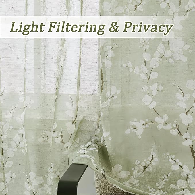 FMFUNCTEX Linen Sheer Curtains for Bedroom, Sage Green Blossom Print Curtains 96 Inches Long for Living Room,Floral Patterned Farmhouse Curtain Light Filtering Window Drapes 2 Panels, Rod Pocket