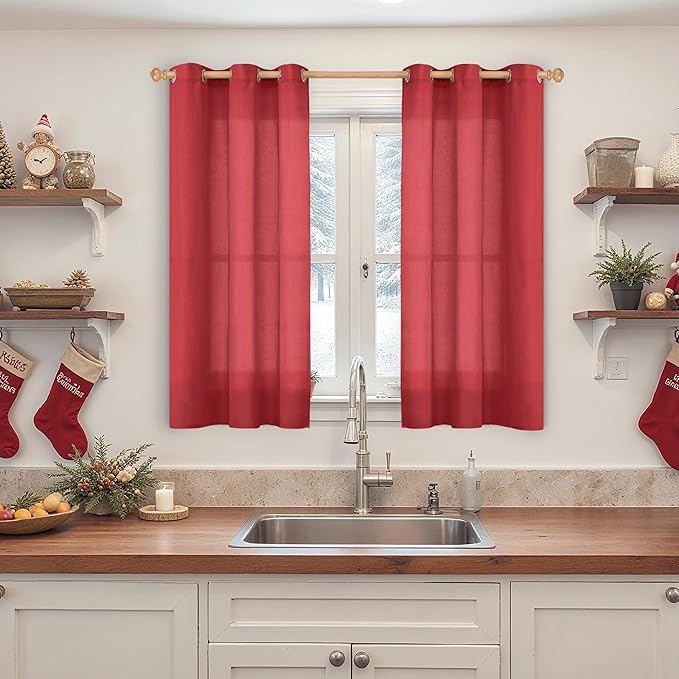 YoungsTex Red Linen Kitchen Curtains 40 Inch Length, Short Light Filtering Drapes with Grommet Semi Sheer Privacy Christmas Decor for Cafe Bathroom Window, 2 Panels, 42 X 40 Inch