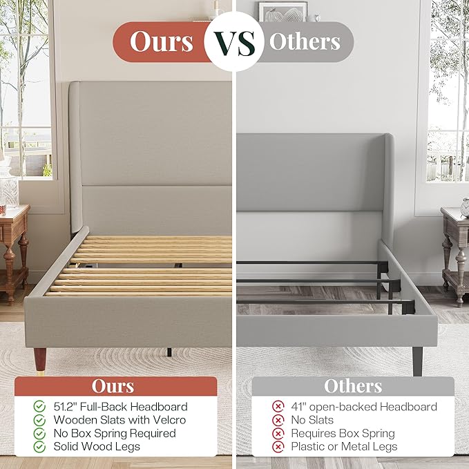 Jocisland King Upholstered Platform Bed Frame with 51.2" Tall Wingback Headboard–Solid Wood Legs, No Box Spring Needed, Brown Linen–Modern Style for Any Bedroom
