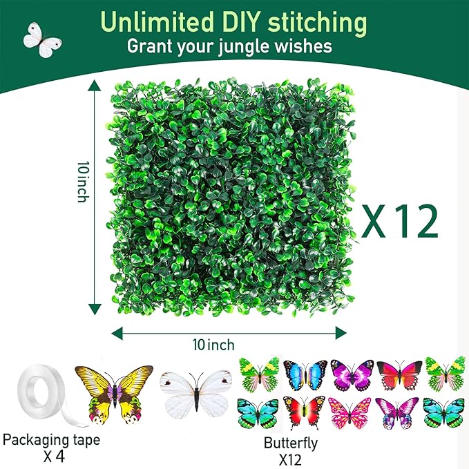 ZHZCJB 10 X 10 in Artificial Grass Wall Panel Backdrop,UV-Anti Greenery Boxwood PanelsEquipped with Double Sided Adhesive Tape, for Indoor Outdoor Grass Wall Backdrop