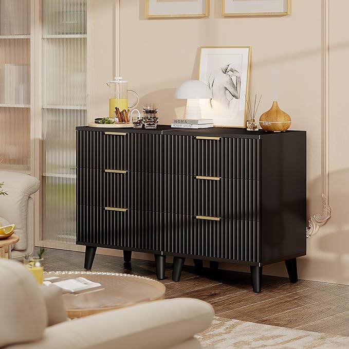 Lulive Wood Nightstand Set of 2 Fluted Dresser for Bedroom 3 Drawers Night Stand with Charging Station, Storage Modern Side Table Black