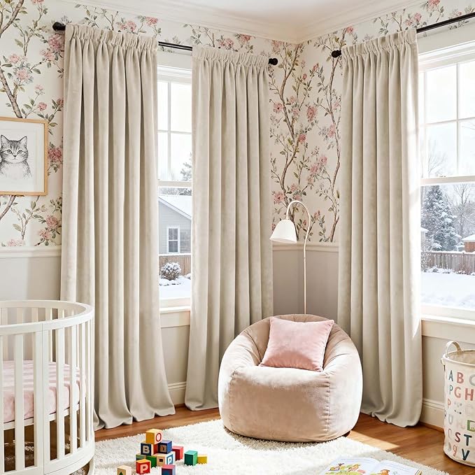 Lazzzy Velvet Blackout Curtains Thermal Insulated Room Window Drapes Super Soft Luxury Curtains for Living Room Bedroom Rod Pocket 2 Panels, Beige, 52" W x 102" L