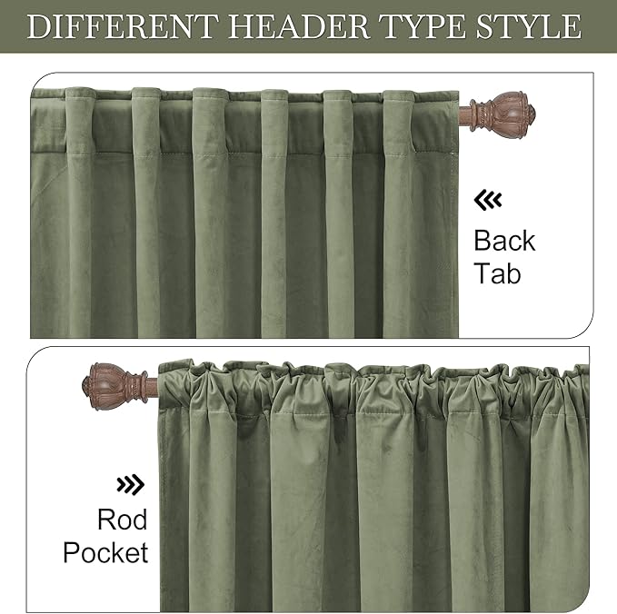 RYB HOME Sage Velvet Curtains 102 inches, Back Tab Soft Fabric Room Darkening Thermal Insulated Luxurious Home Decor Curtains for Living Room Bedroom, W 52" x L 102", 2 Panels Set