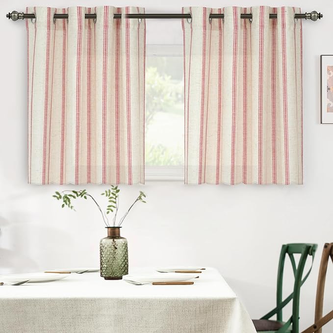 DriftAway Farmhouse Vertical Striped Linen Blend Textured Light Filtering Semi Sheer Curtains for Living Room Bedroom 36 Inches Long Drapes 2 Panels